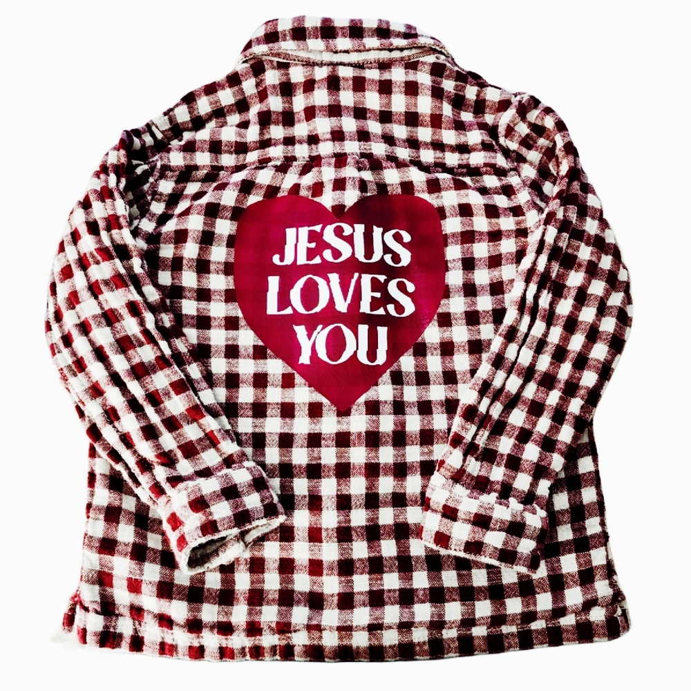 Jesus Loves You Upcycled Reversible Burgundy and White Plaid Cotton Shirt, 4T